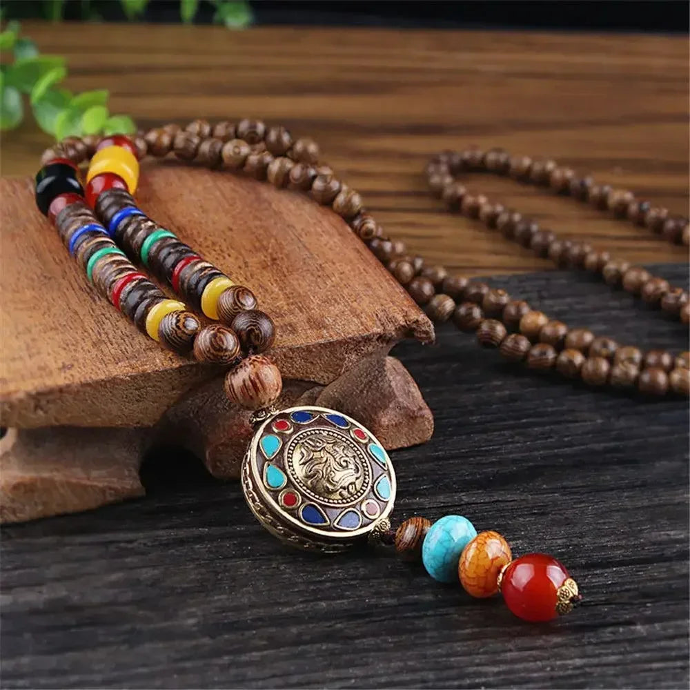 Handmade Nepal Buddhist Mala Bead Pendant Necklace