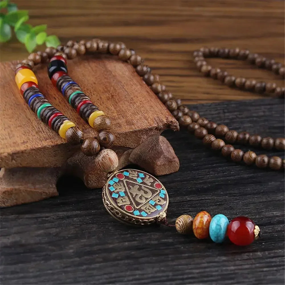 Handmade Nepal Buddhist Mala Bead Pendant Necklace