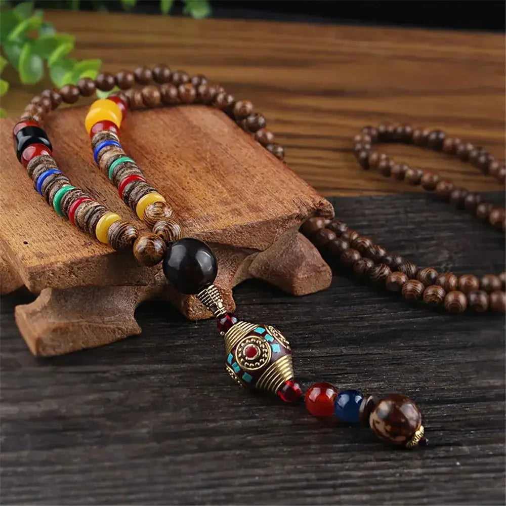 Handmade Nepal Buddhist Mala Bead Pendant Necklace